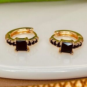 Gold Hoop Earrings with Black Square Stone